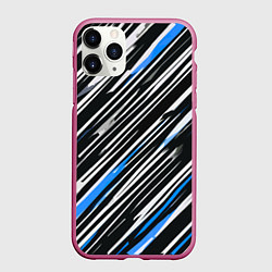 Чехол iPhone 11 Pro матовый Диагональные сине-белые полосы на чёрном фоне, цвет: 3D-малиновый
