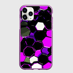 Чехол iPhone 11 Pro матовый Розово-белые шестиугольники на чёрном фоне