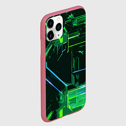 Чехол iPhone 11 Pro матовый Зелёно-голубые полосы на чёрном фоне, цвет: 3D-малиновый — фото 2