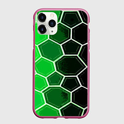 Чехол iPhone 11 Pro матовый Белые шестиугольники на чёрно-зелёном фоне, цвет: 3D-малиновый