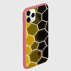Чехол iPhone 11 Pro матовый Белые шестиугольники на чёрно-жёлтом фоне, цвет: 3D-малиновый — фото 2