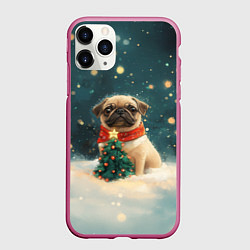 Чехол iPhone 11 Pro матовый Мопс и маленькая елочка, цвет: 3D-малиновый