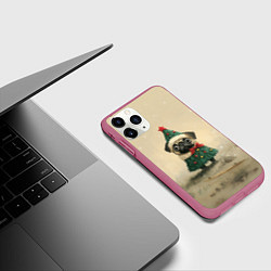 Чехол iPhone 11 Pro матовый Щенок мопс - елочка, цвет: 3D-малиновый — фото 2
