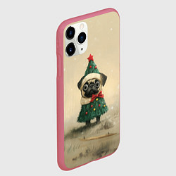 Чехол iPhone 11 Pro матовый Щенок мопс - елочка, цвет: 3D-малиновый — фото 2