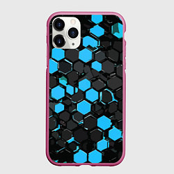Чехол iPhone 11 Pro матовый Сине-серые шестиугольники на чёрном фоне