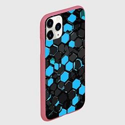 Чехол iPhone 11 Pro матовый Сине-серые шестиугольники на чёрном фоне, цвет: 3D-малиновый — фото 2