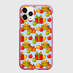 Чехол iPhone 11 Pro матовый Новогодний паттерн с подарками и ёлочными шариками, цвет: 3D-малиновый