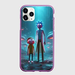 Чехол iPhone 11 Pro матовый Морти и Рик в сказочном неоновом грибном лесу