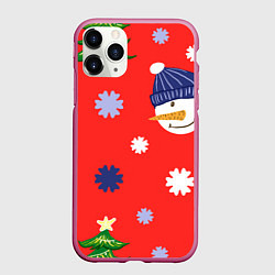 Чехол iPhone 11 Pro матовый Новогодний узор со снеговиком и снежинками, цвет: 3D-малиновый