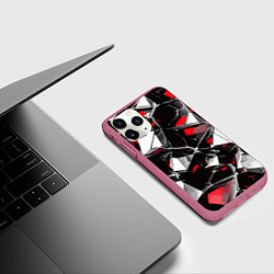 Чехол iPhone 11 Pro матовый Красно-белый паттерн на чёрном фоне, цвет: 3D-малиновый — фото 2