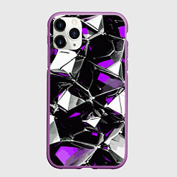 Чехол iPhone 11 Pro матовый Фиолетово-белый паттерн на чёрном фоне
