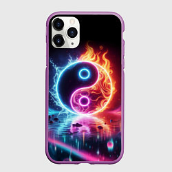 Чехол iPhone 11 Pro матовый Инь янь - неоновый космос, цвет: 3D-фиолетовый