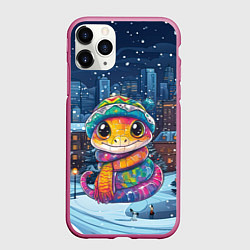 Чехол iPhone 11 Pro матовый Змейка и новогодняя ночь, цвет: 3D-малиновый