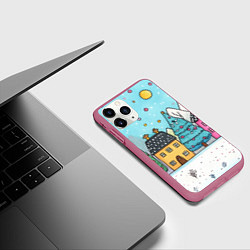 Чехол iPhone 11 Pro матовый Новогодние рисованные домики, цвет: 3D-малиновый — фото 2