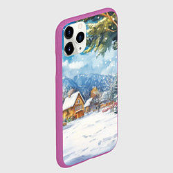Чехол iPhone 11 Pro матовый Новогодний пейзаж - домики, цвет: 3D-фиолетовый — фото 2