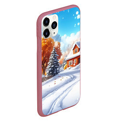 Чехол iPhone 11 Pro матовый Новогодний пейзаж и домики, цвет: 3D-малиновый — фото 2