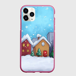 Чехол iPhone 11 Pro матовый Домики новогодние, цвет: 3D-малиновый