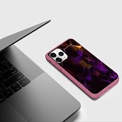 Чехол iPhone 11 Pro матовый Жёлто-фиолетовые точки и линии на чёрном фоне, цвет: 3D-малиновый — фото 2