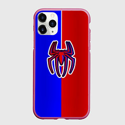 Чехол iPhone 11 Pro матовый Сине-красный паук - лого, цвет: 3D-малиновый