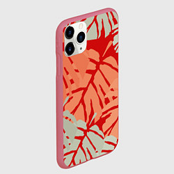 Чехол iPhone 11 Pro матовый Отпечатки монстеры на красном, цвет: 3D-малиновый — фото 2