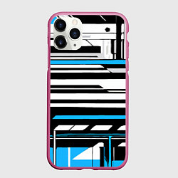 Чехол iPhone 11 Pro матовый Сине-белые технологические линии на чёрном фоне