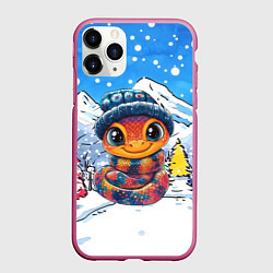 Чехол iPhone 11 Pro матовый Милая змейка на новогоднем фоне, цвет: 3D-малиновый