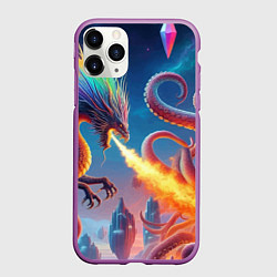 Чехол iPhone 11 Pro матовый Огнедышащий дракон против осьминога - нейроарт фан