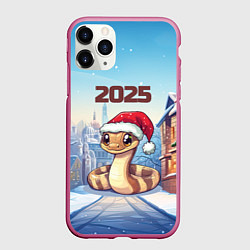 Чехол iPhone 11 Pro матовый Довольная новогодняя змейка 2025, цвет: 3D-малиновый