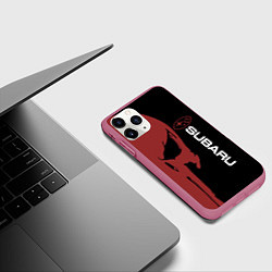 Чехол iPhone 11 Pro матовый Subaru и череп, цвет: 3D-малиновый — фото 2