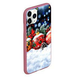 Чехол iPhone 11 Pro матовый Новогодние шарики на снегу, цвет: 3D-малиновый — фото 2