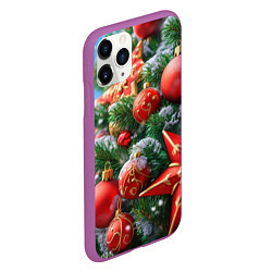 Чехол iPhone 11 Pro матовый Красные шары и звезда новогодняя, цвет: 3D-фиолетовый — фото 2