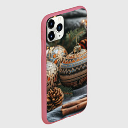 Чехол iPhone 11 Pro матовый Новогодние шары и шишки, цвет: 3D-малиновый — фото 2