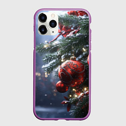 Чехол iPhone 11 Pro матовый Красные новогодние шары с узорами