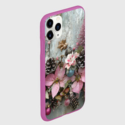 Чехол iPhone 11 Pro матовый Новогодние цветы и шишки на стене, цвет: 3D-фиолетовый — фото 2