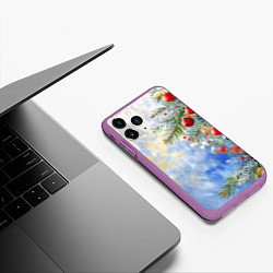 Чехол iPhone 11 Pro матовый Пейзаж новогодние игрушки и елка, цвет: 3D-фиолетовый — фото 2