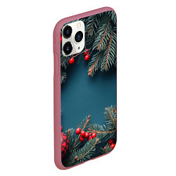 Чехол iPhone 11 Pro матовый Новогодний фон и рябина, цвет: 3D-малиновый — фото 2