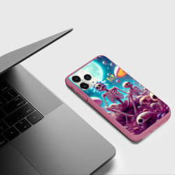 Чехол iPhone 11 Pro матовый Скелеты Рика и Морти среди неоновых грибов под лун, цвет: 3D-малиновый — фото 2