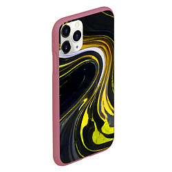 Чехол iPhone 11 Pro матовый Волнистые бело-жёлтые линии на чёрном фоне, цвет: 3D-малиновый — фото 2