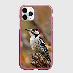 Чехол iPhone 11 Pro матовый Дятел в лесу, цвет: 3D-малиновый