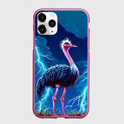 Чехол iPhone 11 Pro матовый Страус и молния, цвет: 3D-малиновый