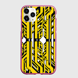 Чехол iPhone 11 Pro матовый Чёрно-жёлтые техно полосы на белом фоне, цвет: 3D-малиновый
