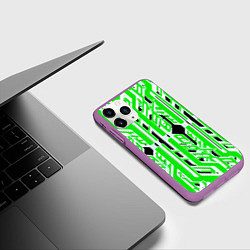 Чехол iPhone 11 Pro матовый Бело-зелёные техно полосы на чёрном фоне, цвет: 3D-фиолетовый — фото 2