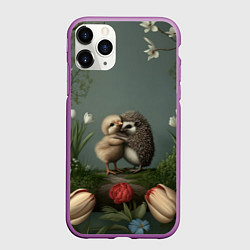 Чехол iPhone 11 Pro матовый Ежик и цыпленок обнимаются