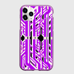 Чехол iPhone 11 Pro матовый Бело-фиолетовые техно полосы на чёрном фоне