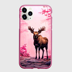 Чехол iPhone 11 Pro матовый Лось в розовом лесу, цвет: 3D-малиновый