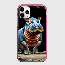 Чехол iPhone 11 Pro матовый Бегемот на черном, цвет: 3D-малиновый