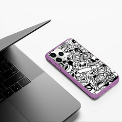 Чехол iPhone 11 Pro матовый Black and white doddle monsters, цвет: 3D-фиолетовый — фото 2