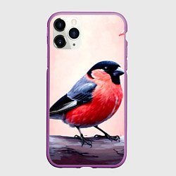 Чехол iPhone 11 Pro матовый Снегирь на розовом