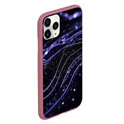 Чехол iPhone 11 Pro матовый Фиолетовые волнистые линии на черном, цвет: 3D-малиновый — фото 2