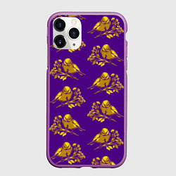 Чехол iPhone 11 Pro матовый Золотые птички на индиго